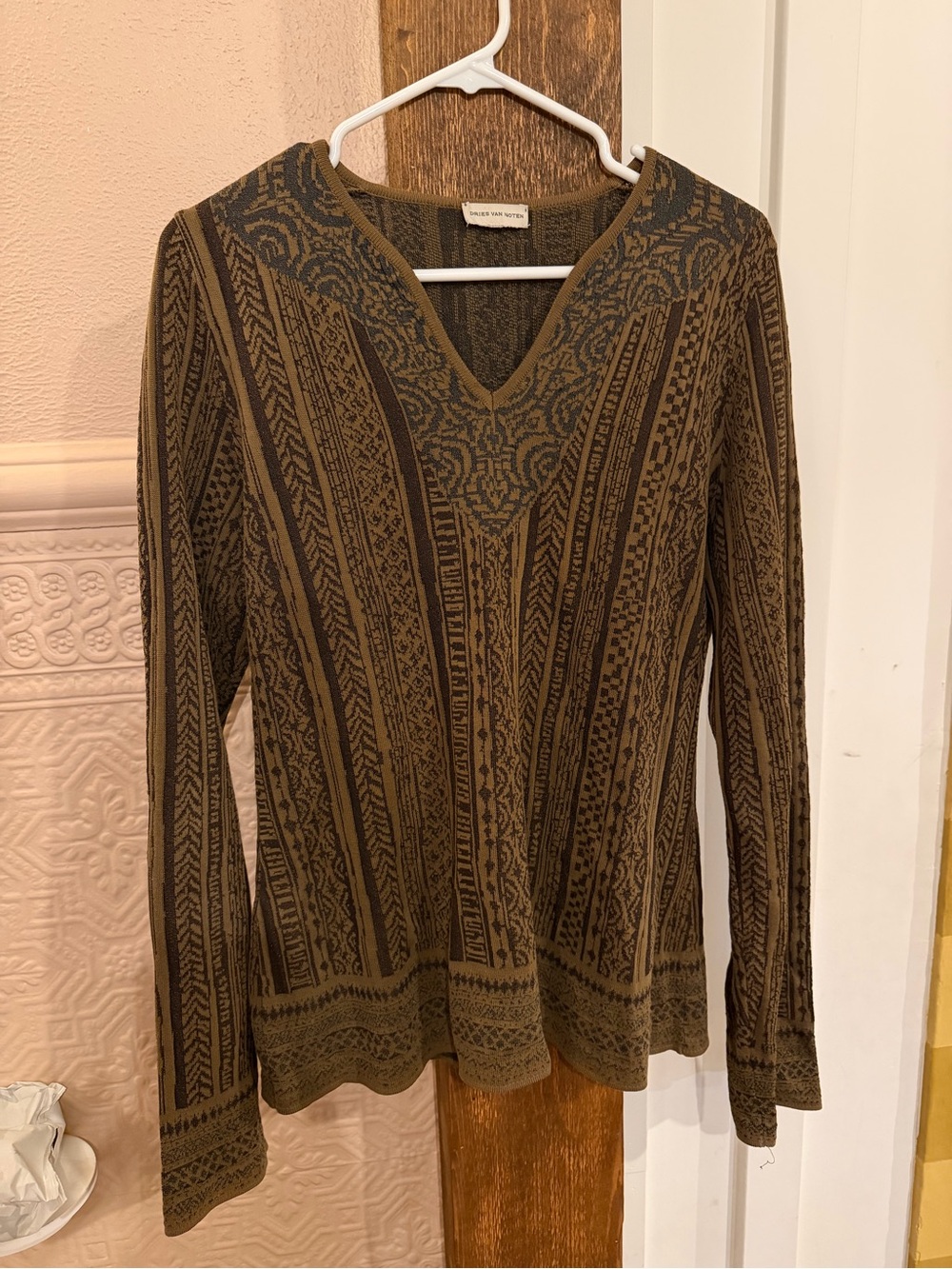 Dries Van Noten  Olive Green Patterned V-Neck Sweater